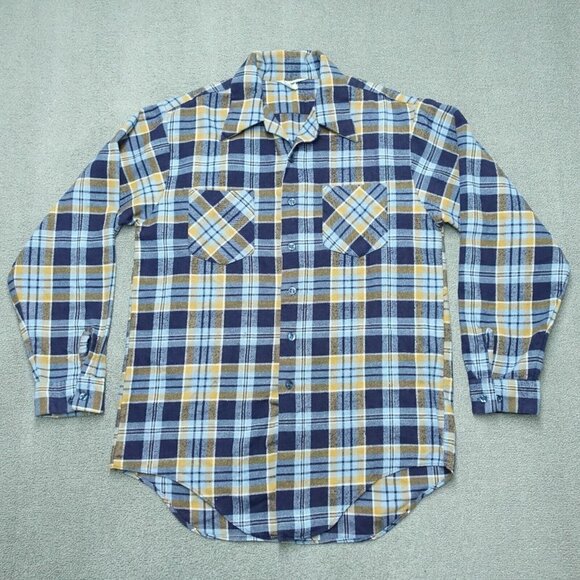 Dutch Maid Heavy Flannel Shirt Men's Size 16- 16.5/34.5 Blue Orange Plaid Long - Picture 1 of 7